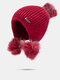 Women Rabbit Fur Knitted Plus Velvet Ear Protection Solid Letter Metal Label Fur Ball Decoration Warmth Beanie Hat - Red