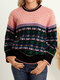 Geo Jacquard Contrast Color Long Sleeve Pullover Knit Sweater - Black