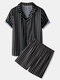 Mens Black & White PinStripe Revere Collar Satin Lounge Set Pajamas - Black