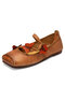 Socofy Genuine Leather Handmade Retro Ethnic Soft Comfy Hook & Loop Butterfly Embellished Mary Jane Shoes - Apricot