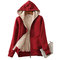 Women's Plush Hooded Long-sleeved Sweater Zipper Jackets - Red