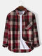 Mens Checkered Button Down Collar 100% Cotton Preppy Long Sleeve Shirts - Wine Red