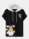 Mens Cherry Blossoms Cat Print Short Sleeve Hooded T-Shirts - Black