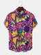 Mens All Over Colorful Pattern Print Lapel Short Sleeve Shirts - Purple