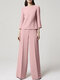 Women Solid Crew Neck Wide Leg Pants Casual Co-ords - Pink
