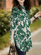 Allover Leaves Print Loose Slit Long Sleeve Button Blouse - Green