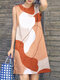 Women Abstract Color Block Print Crew Neck Sleeveless Dress - Orange