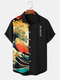 メンズJapanese Wave浮世絵プリントパッチワーク半袖シャツ - 黒
