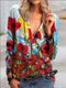 Flower Print V-neck Long Sleeve Vintage Blouse For Women - Red