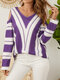 Striped Print Off Shoulder Contrast Color V-neck Plus Size Long Sleeve T-Shirt - Purple
