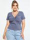 Plus Size V-neck Twisted Short Sleeves T-shirt - Blue