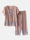 Женщины Винтаж Print Loungewear Свободная дышащая летняя пижама с квадратным воротником - Кофе