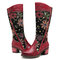 SOCOFY Cowgirl Flower Pattern Genuine Leather Splicing Jacquard Comfortable Knee Boots - Red