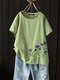 Women Embroidery Short Sleeve Crew Neck Causal T-Shirt - Green