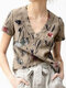 Flower Print Short Sleeve V-neck T-shirt For Women - Apricot