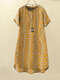 Women Ditsy Floral Print Quarter Button Short Sleeve Dress - Yellow