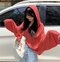 Season New Loose Wild Print Letter Hooded Hem Drawstring Solid Color Sunscreen Shirt Top - Red