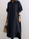 Solid Puff Long Sleeves Lapel Button Down Shirt Dress - Navy