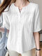 Solid Lace Panel Button Front Crew Neck Short Sleeve Blouse - White