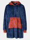 Men Fleece Hooded Colorblock Blanket Robes Contrast Heated Warm Oversied Blanket Hoodies with Pockets - Blue