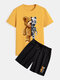 Mens Mechanical Bear Print Short Sleeve Drawstring Pocket Two Piece Outfits - Yellow