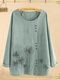 Floral Printed Button O-neck Long Sleeve Blouse - Light Green