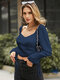 Solid Drawstring Puff Sleeve Square Collar Crop Top - Blue