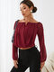Solid Chiffon Semi Sheer Off-shoulder Long Sleeve Blouse - Wine Red