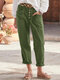 Women Solid Color Button Detail Casual Straight Pants - Green