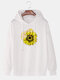Mens Heart Sunflower Graphic Print Solid Relaxed Fit Pullover Hoodie - White