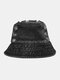 Unisex Distressed Washed Denim Solid Color Broken Hole Vintage Sunshade Bucket Hat - Black