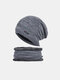 2 Pcs Men Knitted Plus Velvet Argyle Warp Knitting Letter Metal Label Ear Protection Beanie Hat Bib Scarf Set - Gray