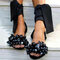 Women Pearl Beads Decor Comfy Lace Up Tie Leg Flat Sandals - Black