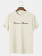 Mens Knit Textured Script Embroidery Casual Short Sleeve T-Shirts - Beige