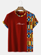 Mens Script Ethnic Geometric Print Patchwork Short Sleeve T-Shirts - Red