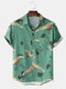 Mens Crane Print Cotton Casual Short Sleeve Shirts With Pocket - Green