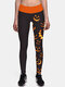 Women Funny Halloween Pumpkin Print Slim Breathable High Waist Stretch Sport Pants - Black