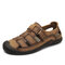 Men Closed Toe Hand Stitching Outdoor Woven Leather Sandals - Khaki
