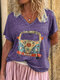 Casual Cartoon Bus Printed V-neck Short Sleeve Summer T-shirt - Purple