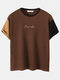 Plus Size Mens Script Embroidered Patchwork Casual Short Sleeve T-Shirts - Brown