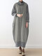 Solid Color Patchwork Pocket Long Sleeve High Neck Casual Dress - Gray
