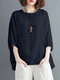 Solid Round Neck Bat Sleeve Casual Blouse - Navy