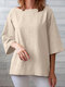 Solid 3/4 Sleeve Crew Neck Blouse For Women - Apricot
