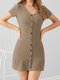 Solid Button Ribbed Knit Short Sleeve V-neck Casual Dress - Camel