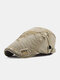 Men Washed Cotton Solid Color Embroidery Thread Adjustable Casual Beret Flat Cap - Khaki