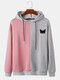 Mens Contrast Color Patchwork Cute Cat Drawstring Pullover Hoodie - Pink
