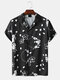 Mens Floral Print Black Short Sleeve Camp Collar Holiday Shirt - Black