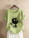 Cartoon Cat Printed O-Neck Casual T-shirt For Women - Green