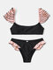 Women Sweet Plain Bikini Multi-Layers Flounce Straps Swimsuit - Black