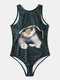 Plus Size Women Cute Cat Graphic High Neck Backless One Piece Slimming Swimsuit - Black